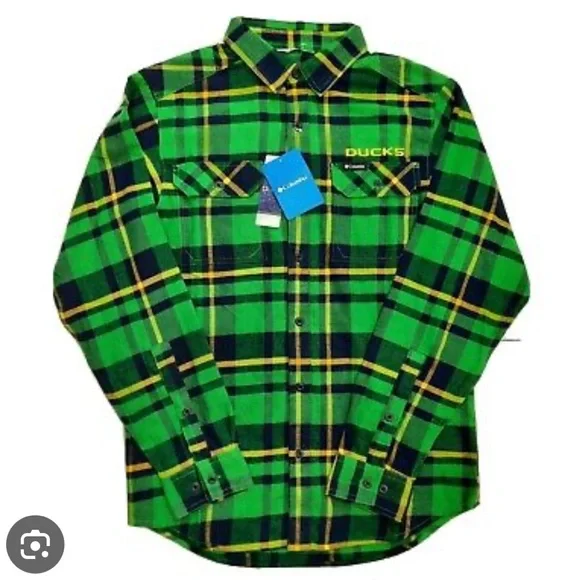 Columbia, University of Oregon Ducks plaid flannel shirt, black, green, yellow,M - Picture 2 of 8